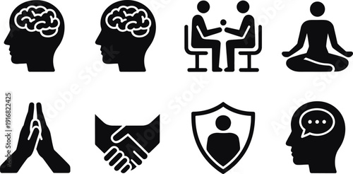 Mental Health and Psychology Icons, Brain, Meditation, Handshake, Counseling, and Head Silhouette