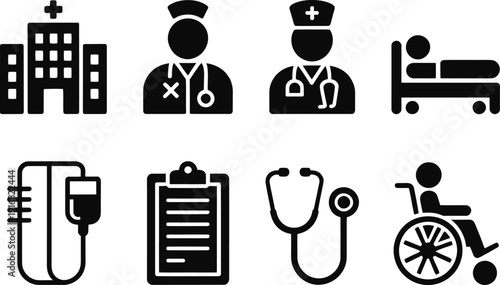 Hospital and Medical Staff Icons, Building, Doctors, Patient Bed, IV Drip, Stethoscope, and Wheelchair