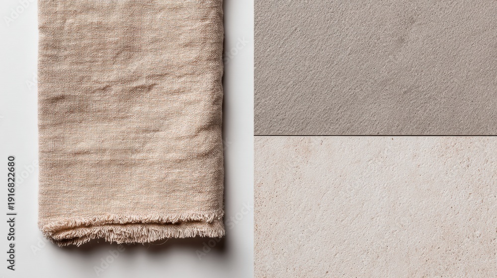 Fototapeta premium Corner of a Raw Linen Washcloth Placed on a Minimal Bathroom Wall With Natural Texture and Clean Lines