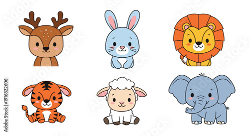 Set of six cute cartoon animals including a deer, rabbit, lion, tiger, sheep, and elephant with friendly faces for kids content.