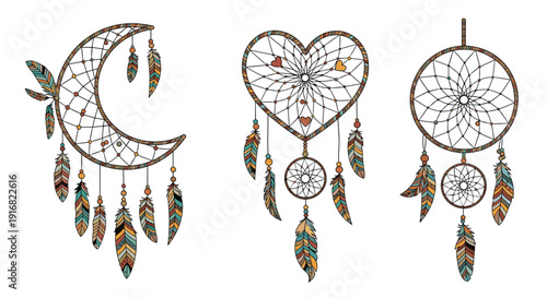 Set of three decorative dreamcatcher illustrations including crescent moon, heart, and circle shapes with feathers and colorful beads.