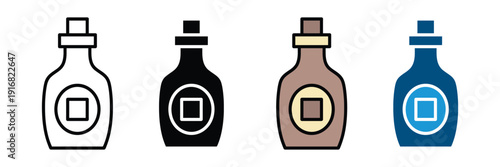 Chocolate syrup icon vector set. Sweet cocoa sauce bottle symbol for dessert topping, cafe menu, and bakery branding. Vector Illustration.