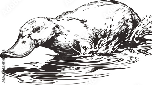 A black and white illustration depicts a duck in water with a splash. Detailed linework portrays feathers and ripples