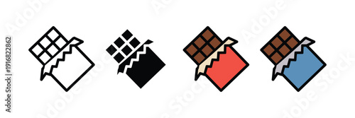 Chocolate bar icon vector set. Wrapped cocoa candy symbol for confectionery branding, snacks, and sweet dessert shops. Vector Illustration.