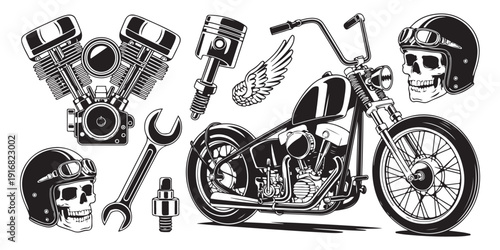 Motorcycle engine parts with skull in helmet and wrench for garage design element on white back in vector