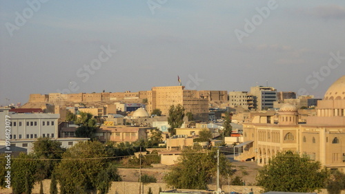 Overhead view of the Citadel of Erbil, Iraq, seen from a cable car in Minare Park, with the city in the foreground