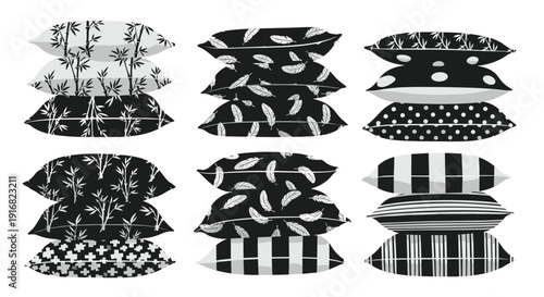 Grid of several stacks of three pillows featuring various patterns like bamboo leaves, feathers, dots, and stripes in black and white.