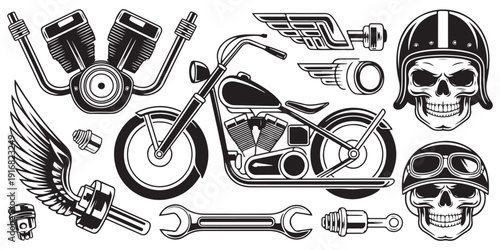 Vintage motorcycle workshop vector set with chopper bike engine wings and skull wearing biker headgear
