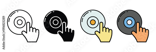 Compact disk with hand icon vector set. Hand pressing CD or DVD button symbol for software installation, multimedia play, and data storage. Vector Illustration.