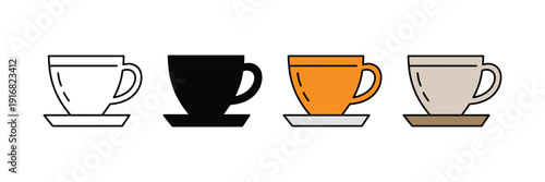 Coffee cup icon vector set. Tea mug with saucer symbol for cafe, restaurant, and breakfast drink branding. Vector Illustration