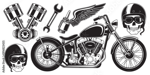 Custom chopper motorcycle set with engine parts and skull wearing helmet isolated on white for biker logo