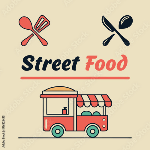 A vibrant street food logo featuring a detailed food cart illustration showcasing culinary delights and a modern brand identity