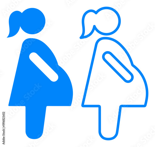 Two stylized pregnant woman icons in blue with outline and solid-fill variations. Ideal for maternity, prenatal care, obstetric, medical, and healthcare UI, signage, and infographic designs.
