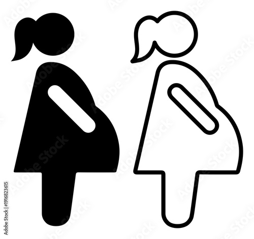 Two stylized pregnant woman icons in black with outline and solid-fill variations. Ideal for maternity, prenatal care, obstetric, medical, and healthcare UI, signage, and infographic designs.