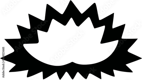 Black and white abstract graphic design of a flower-like shape with spiky petals and a centered void