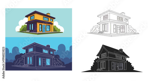 Modern house illustrations in four distinct styles including colored, line art, blueprint, and black silhouette for real estate and architecture.