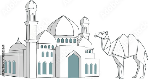 Stylized geometric mosque illustration stands beside a unique origami camel.