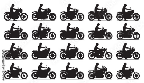 Motorcyclists on different bikes dynamic poses silhouette collection vector illustration