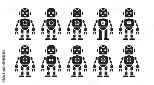 Futuristic android robot black symbol icon set
