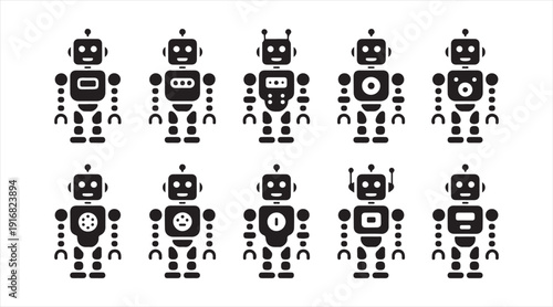 Artificial intelligence robot silhouette icons in repeating pattern