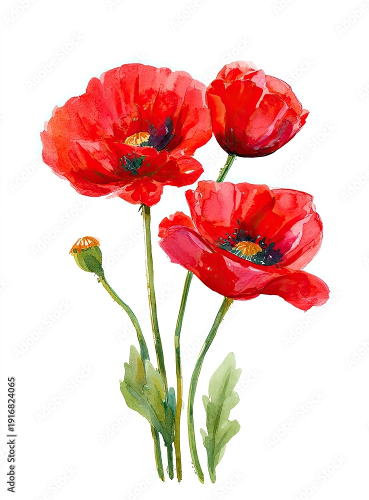 Obraz premium Watercolor painting of vibrant red poppies, stems, leaves, and a bud against a white backdrop