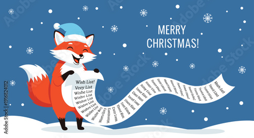 Festive illustration of a happy fox wearing a Santa hat and holding an extremely long Christmas wish list against a snowy blue background.
