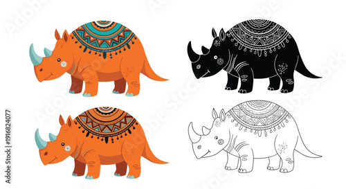 Decorative rhinoceros illustration with ornate tribal patterns on its back shown in four different color and style variations for art.