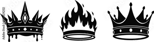 Black crown silhouettes vector set, gothic flaming and royal tiara icons, king queen authority symbols isolated on white background for logo