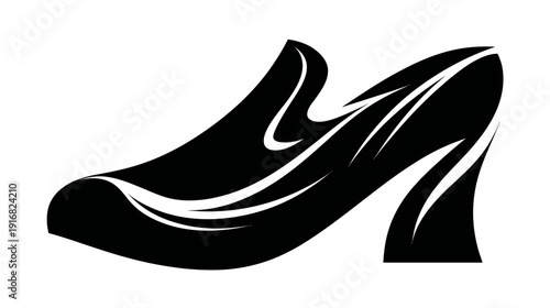 A black and white illustration of a high-heeled shoe with curvy lines