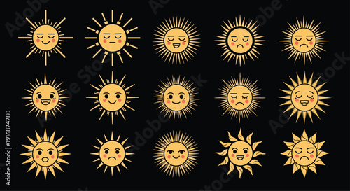 Set of fifteen yellow sun icons with various funny facial expressions on a black background representing different moods and weather.