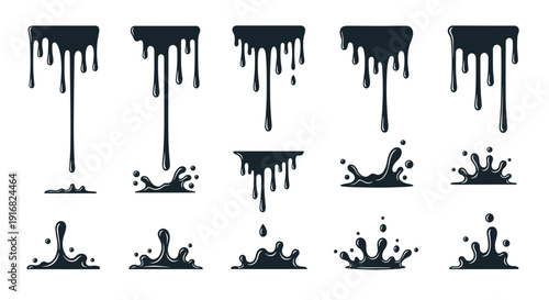Set of black liquid drips, splatters, and splashes in a graphic style suitable for oil, ink, or chocolate themed design projects.