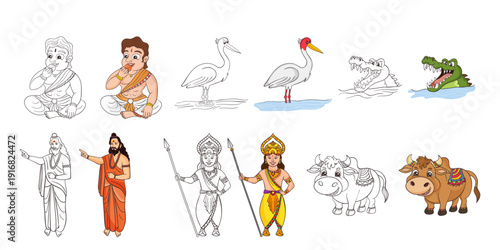versatile collection of Indian mythological character vectors and line art for coloring books. Includes a sage, warrior, boy, and animals like a bull, crocodile, stork, and heron