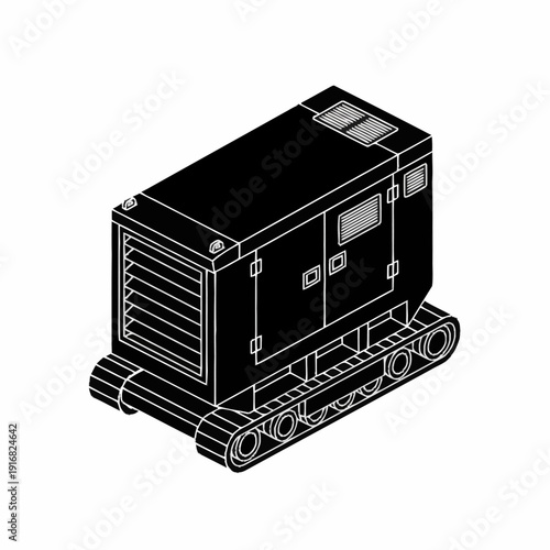 Black industrial generator on tracks, technical illustration.