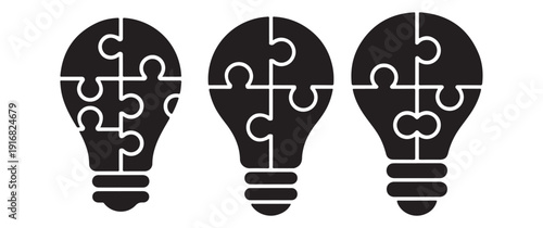 Lightbulb icons made of puzzle pieces, symbolizing ideas, solutions, and innovation.