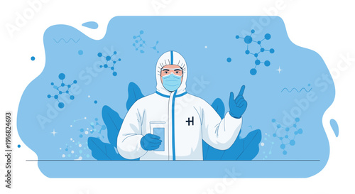 Medical professional in a protective biohazard suit holding a sample container against a blue background with molecular structures.