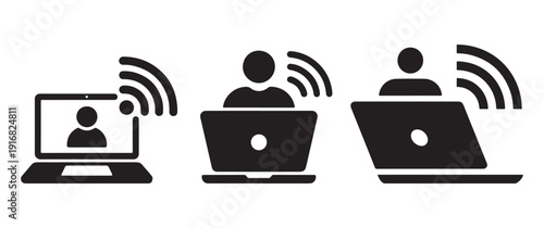 Laptop icons with person and Wi-Fi signals, indicating online communication and connection.