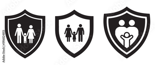 Shield icons with families, representing protection, security, and insurance.