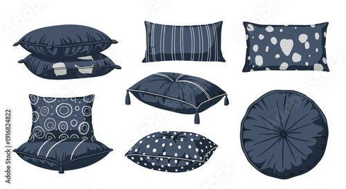 Set of various blue decorative throw pillows with different patterns, shapes, and textures for home interior design and comfort concepts.