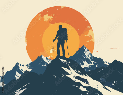 Couple Hiking on Snowy Mountain at Sunset Vector Illustration