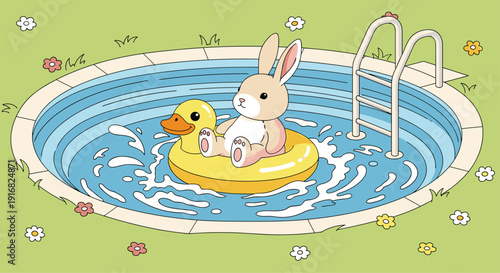 Cute bunny rabbit relaxing on a yellow duck shaped inflatable ring in a garden swimming pool during a sunny summer day.