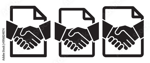 Handshake icons over documents, signifying agreement, partnership, and business deals.