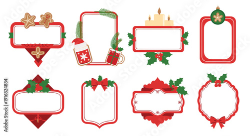 Christmas themed frames and labels decorated with holly leaves, gingerbread cookies, candles, and festive ribbons for holiday greetings.