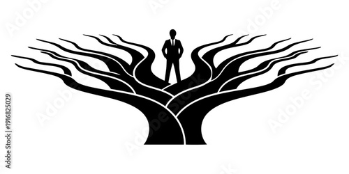 Silhouetted person meditating on tree branch circle white background illustration