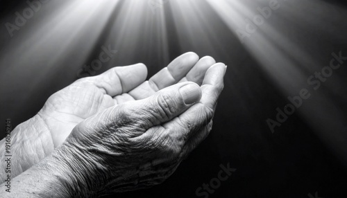 Wrinkled hands reaching upwards, bathed in sacred light, conveying profound spirituality, hope, and the solace of faith in moments of silent prayer and reflection, against a dark backdrop