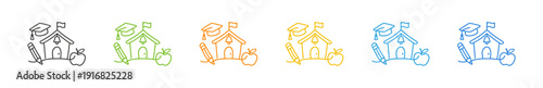 Colorful school icons with graduation cap, pencil, and apple for educational concepts