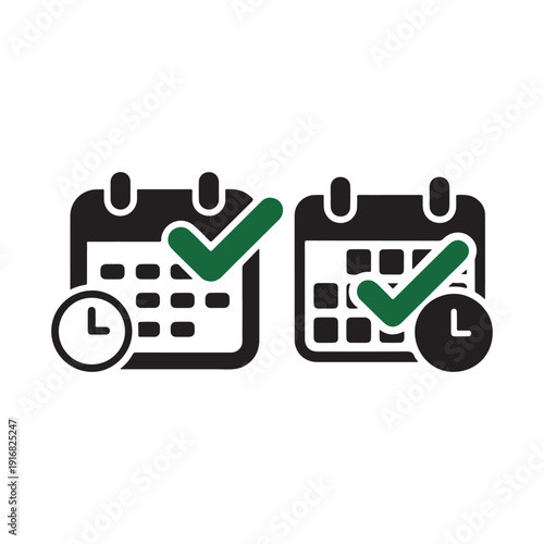 Two Calendar Icons with Checkmarks and Clocks for Confirmed Schedule; Event Planning and Time Management