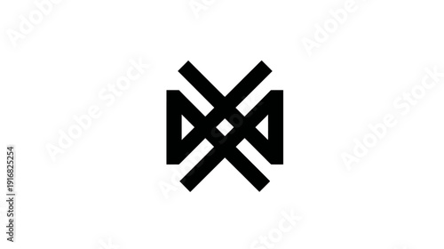 Black geometric design on white background, symmetrical, resembling crossed lines & an enclosed diamond