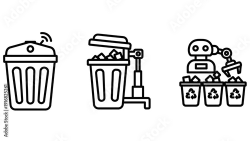 Set of outline icons representing smart trash cans, automated waste management, and robotic sorting for recycling and sustainability concepts.