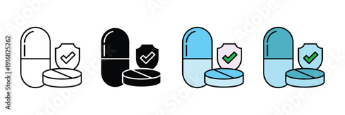 Safe medication icon vector set. Pills and capsule symbol with shield and checkmark for drug safety, pharmacy verification, and healthcare protection. Vector Illustration.