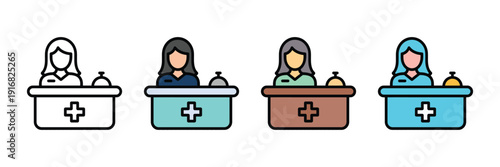 Medical reception icon vector set. Hospital help desk symbol with receptionist and service bell for healthcare assistance. Vector Illustration.